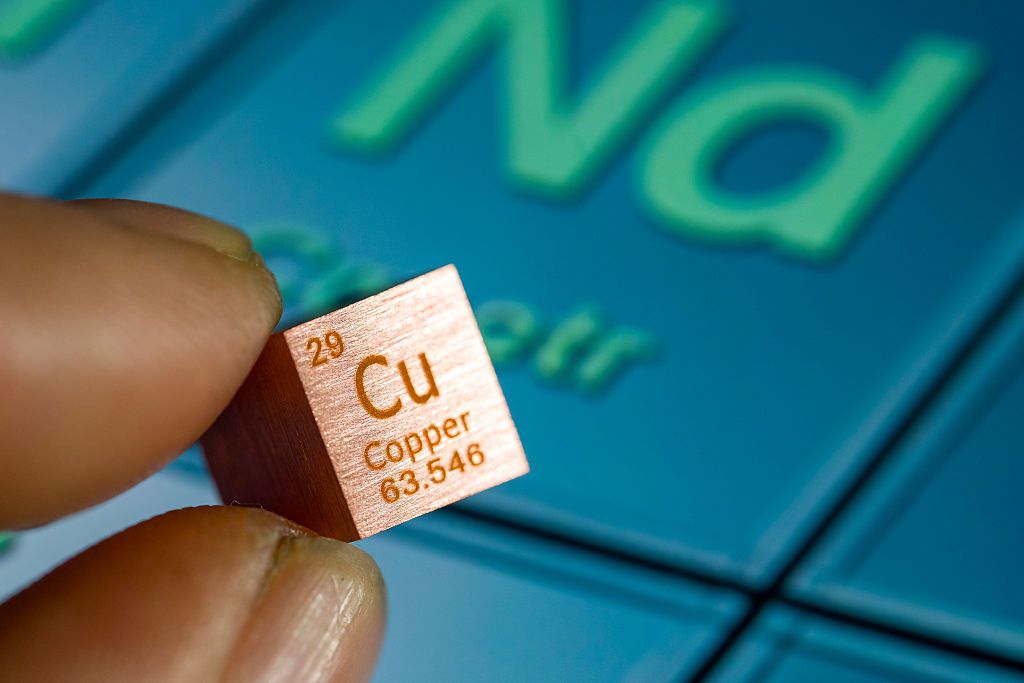 copper (Cu) cube with the periodic table of the elements