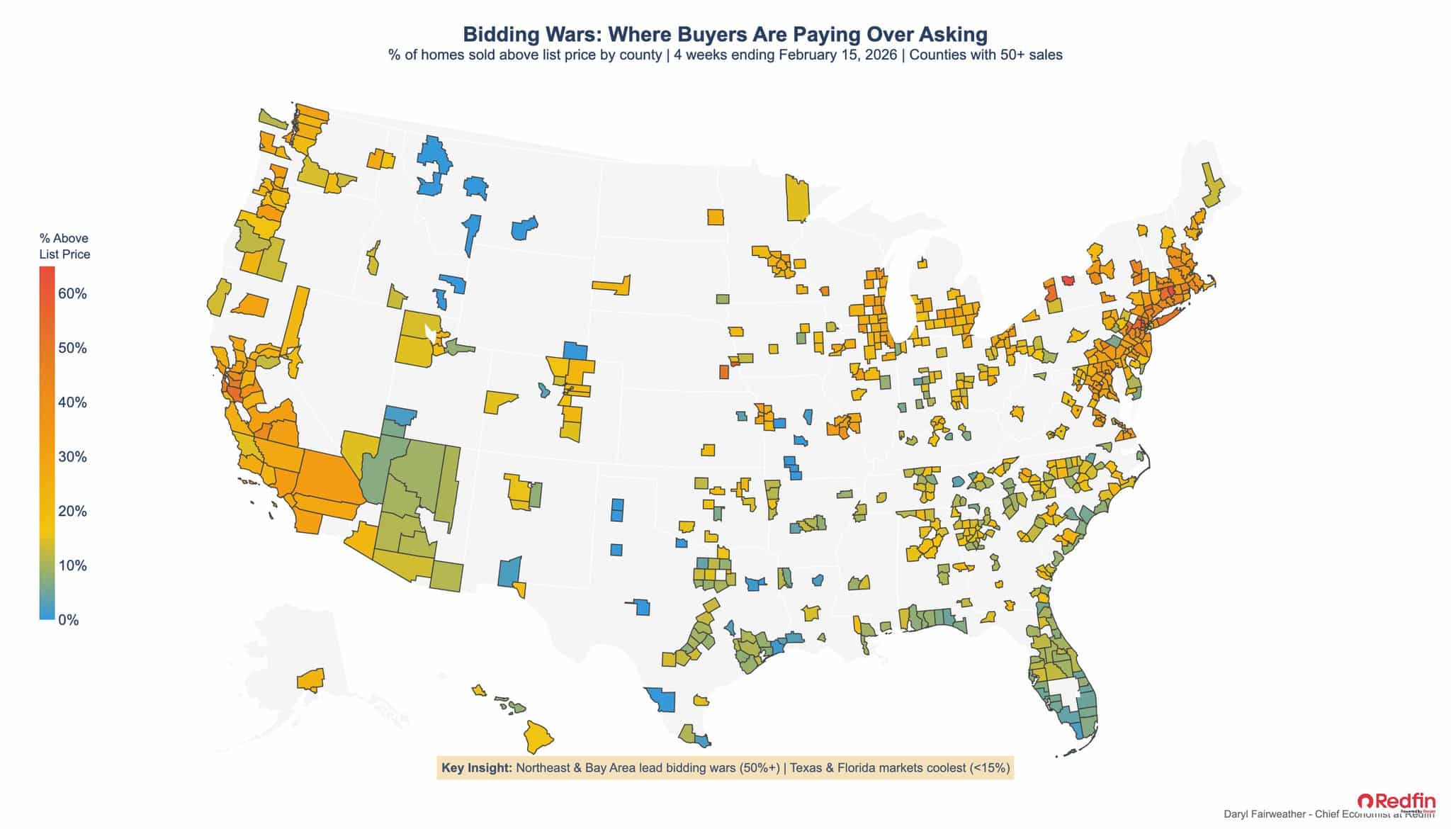 Bidding Wars: where buyers in America, map of America, are paying over asking. Percentage terms