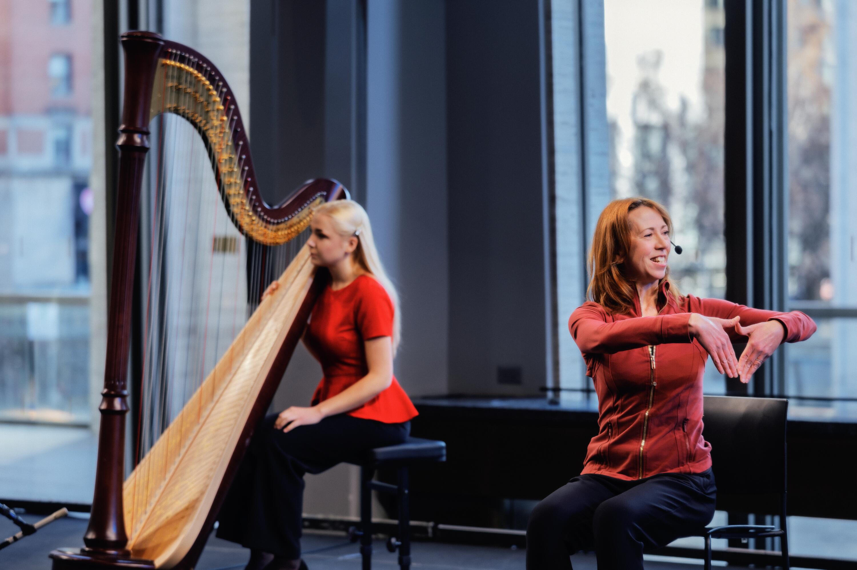 Chair Pilates led by Kerry Shea from the School of American Ballet with harp accompaniment from Juilliard