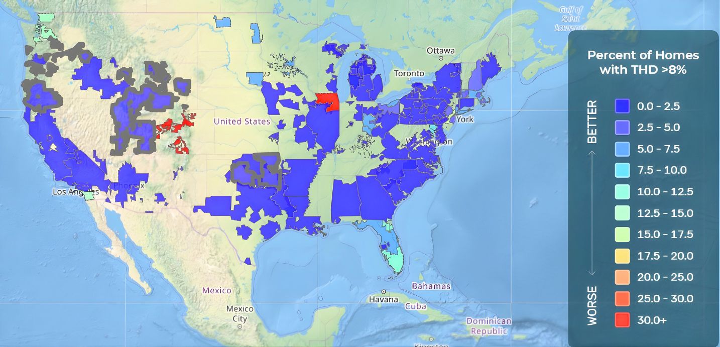 A map of the US showing total harmonic distortion levels from dirty energy