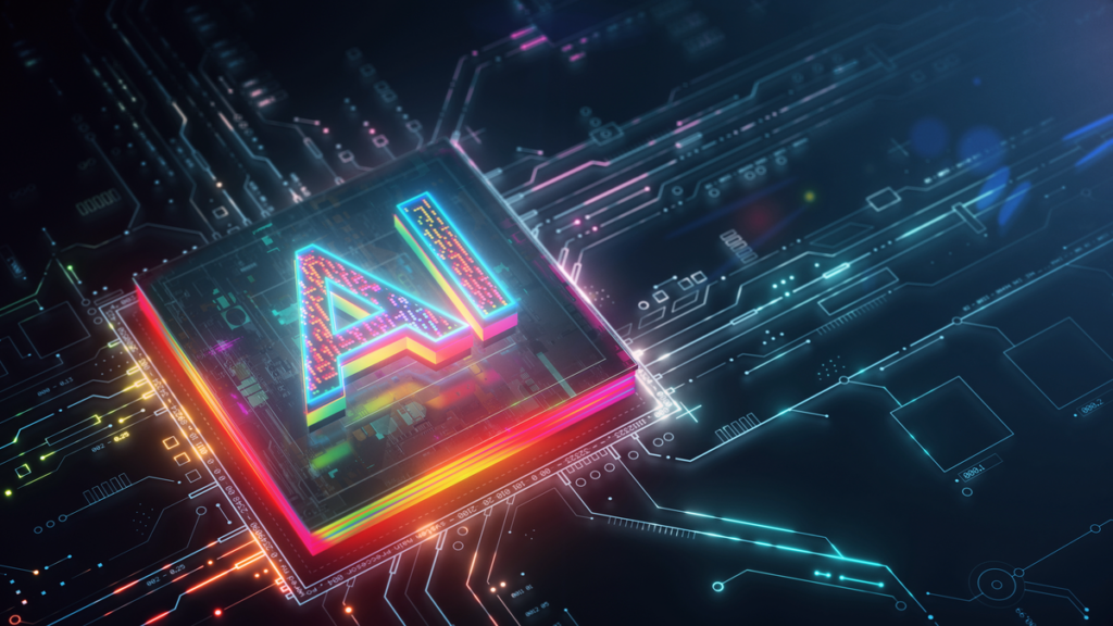 A glowing computer chip with the letters "AI" on it sits on top of circuitry.