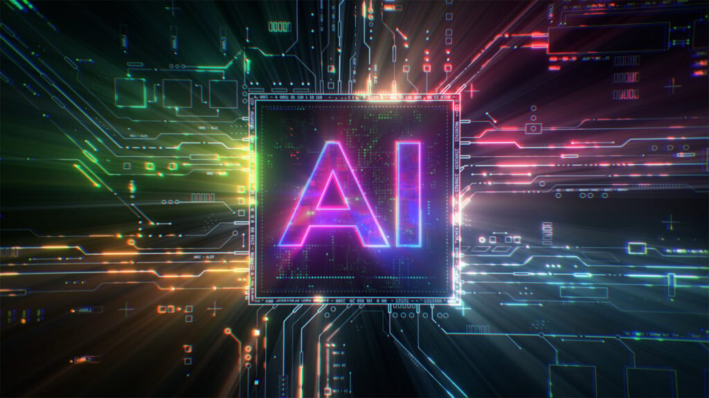The letters AI on a chip background.