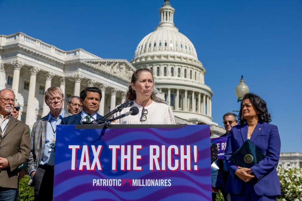 Abigail Disney, filmmaker and Patriotic Millionaire, speaks during a press conference outside the US Capitol on April 18, 2023 in Washington, DC.