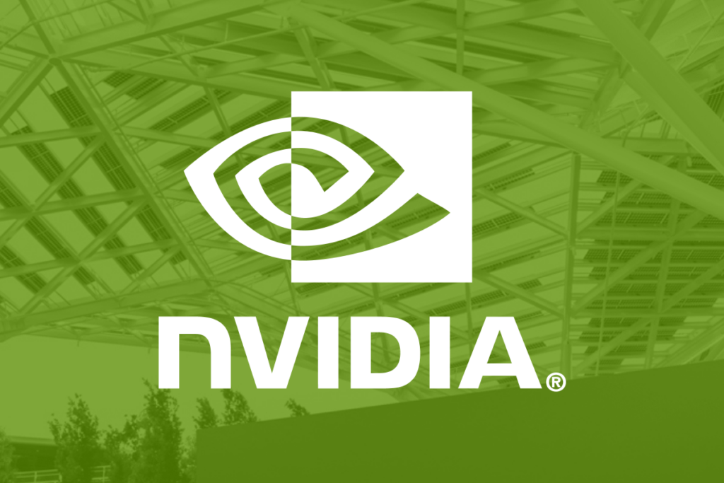 The Nvidia logo superimposed over a picture of the company's headquarters building.