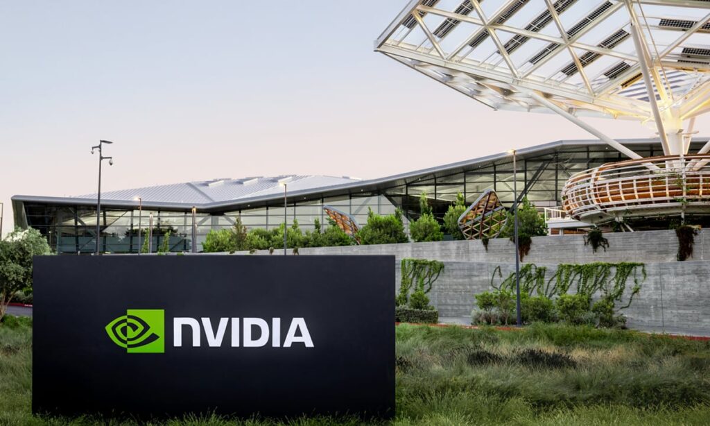 Nvidia signboard bearing company logo outside company headquarters.