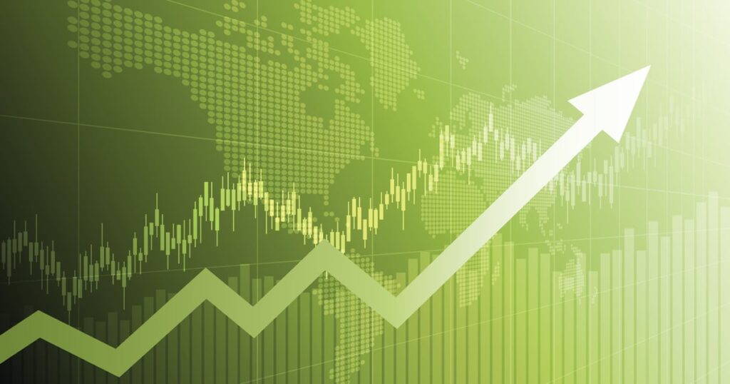 A chart showing a stock price rising.