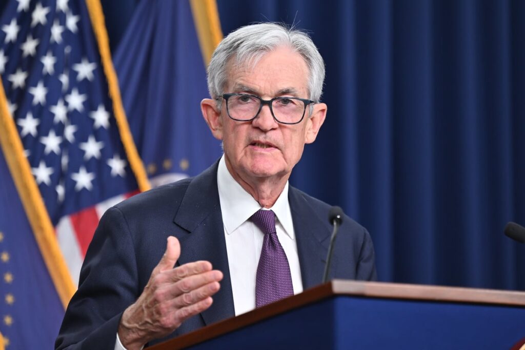 Jerome Powell fielding questions from reporters following a Federal Open Market Committee meeting.