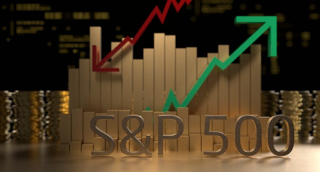 Coins, bars, arrows, and "S&P 500."