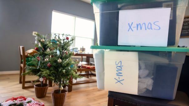 Stacks of holiday decor ready to be stored away for the year until next Christmas