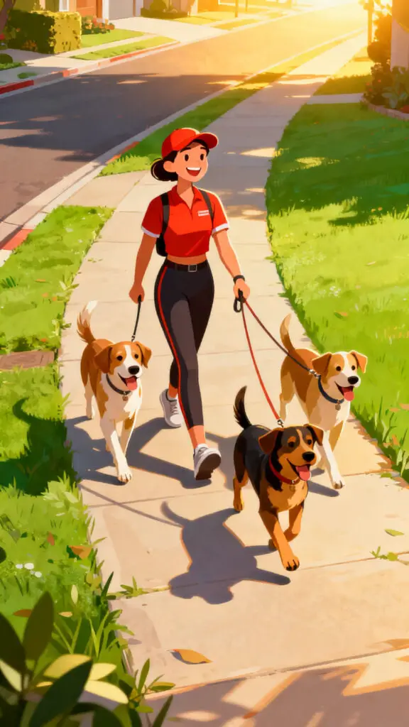 Side Hustles to Make $600 Fast 3 A vibrant digital illustration of a local dog walking side hustle, highlighting a fun and active way to make quick money.
