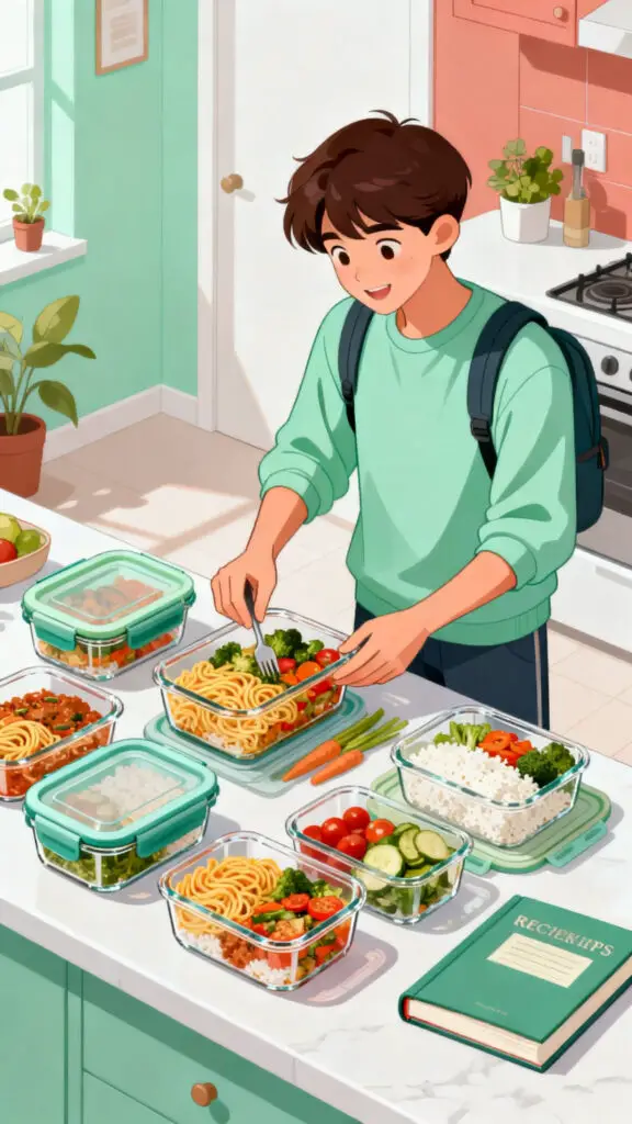 How to Save Money in College 3 A fresh digital illustration of a student prepping simple meals at home to cut down on expensive restaurant and takeout costs.