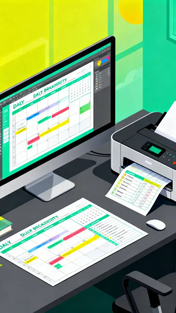 How to Make Money With Canva 3 A clean digital illustration showing the design and printing of digital trackers and planners for passive income sales.