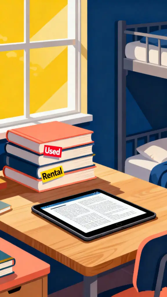 How to Save Money in College 2 A colorful vector illustration of used and rented college textbooks on a desk, representing a great way to save money on campus.
