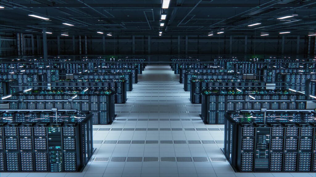 Computer servers inside of an very large data center.