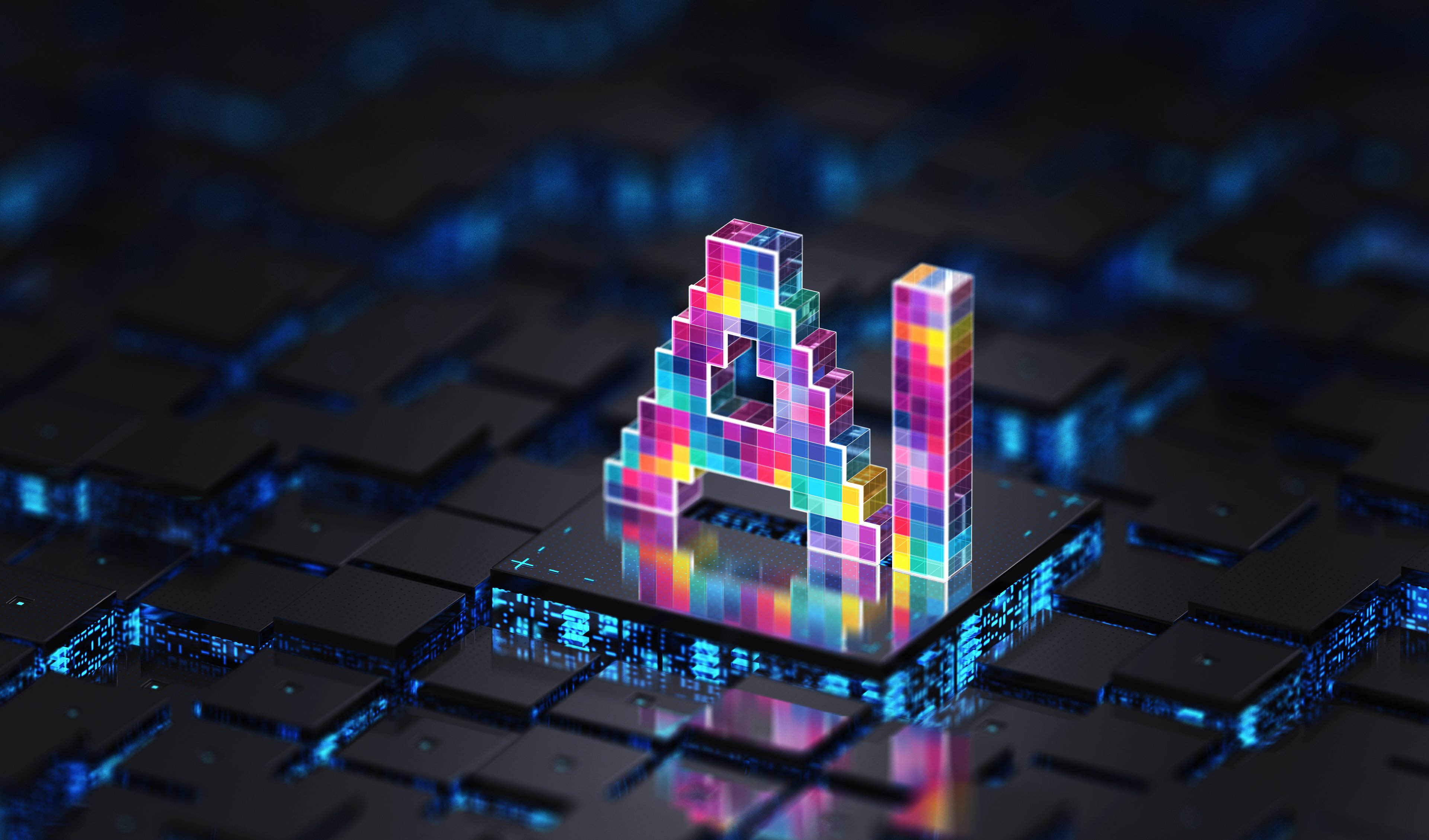 The letters AI spelled out in neon colored blocks.