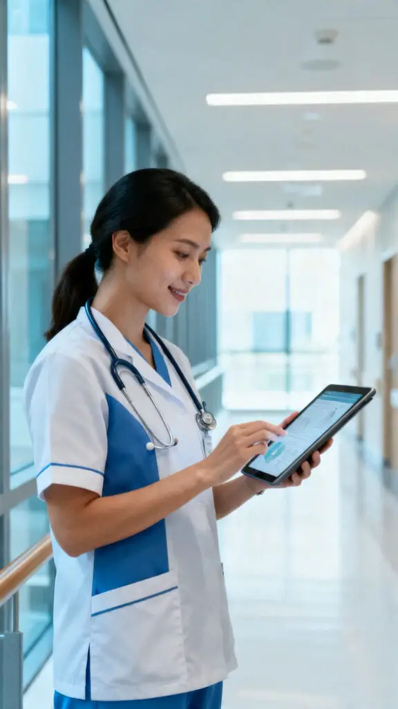 A high-end photograph of a registered nurse using a digital tablet in a clean, modern hospital hallway.
