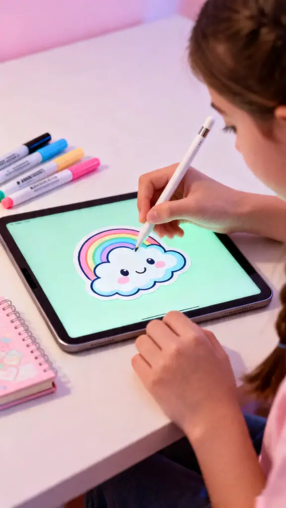 A close-up view of a teenager drawing a colorful cartoon cloud sticker on a tablet using a stylus at a tidy desk.