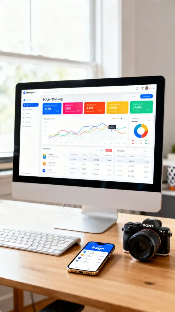 A high-end desktop monitor showcasing a modern budget planning software dashboard with clean financial charts on an oak desk.