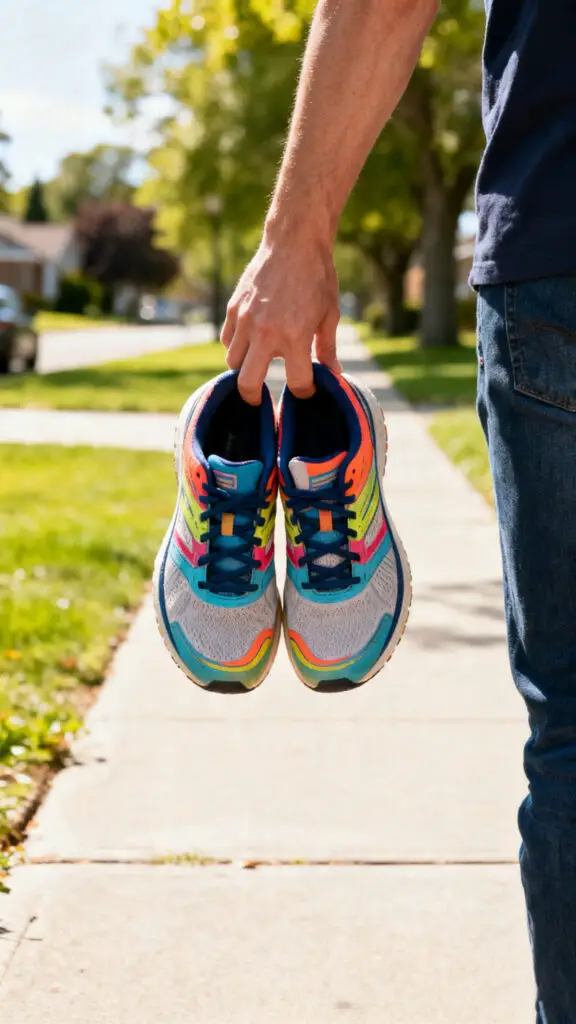 A person holding up a clean pair of used running shoes outdoors against a blurred park background to show their good condition for a local sale.