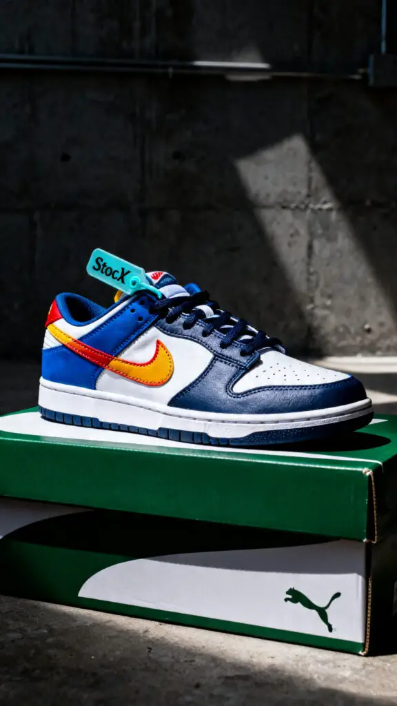 A collectible sneaker sits on its original box with an authenticity tag attached, showcased under professional studio lighting.