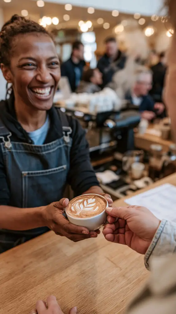 A crisp, moody close-up photograph of a barista working at an espresso machine under warm cafe lights.