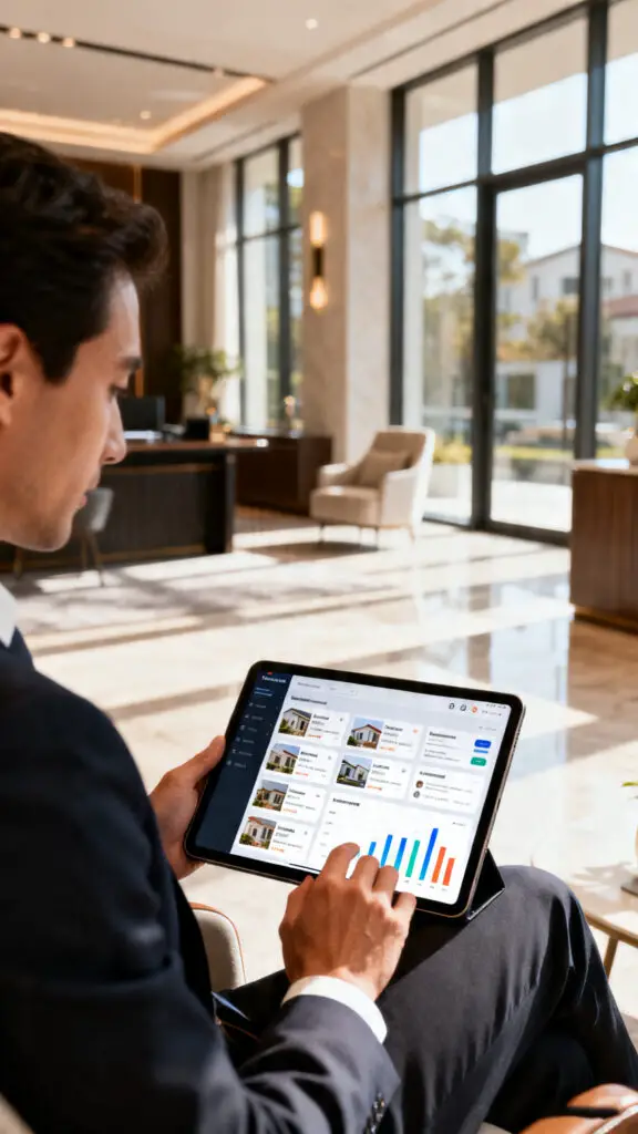 A close-up photograph of a property manager interacting with a real estate software dashboard on a tablet inside a bright office.
