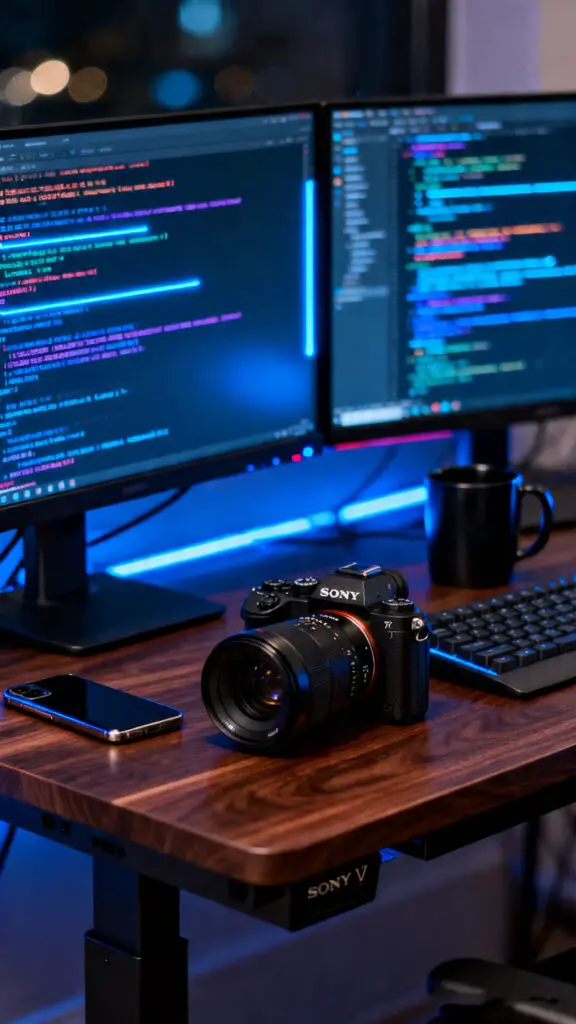 A modern workspace photograph showing code on dual 4K monitors with sharp lighting and an elegant background blur.