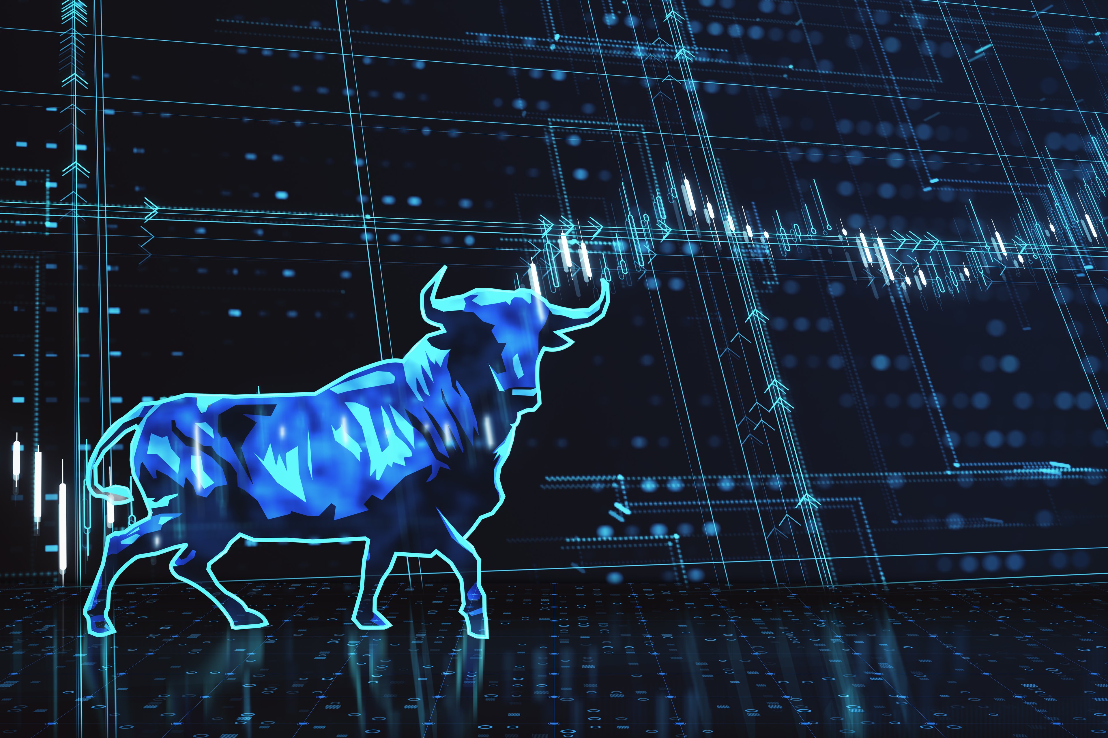 An illustration of a bull in front of a candlestick chart.