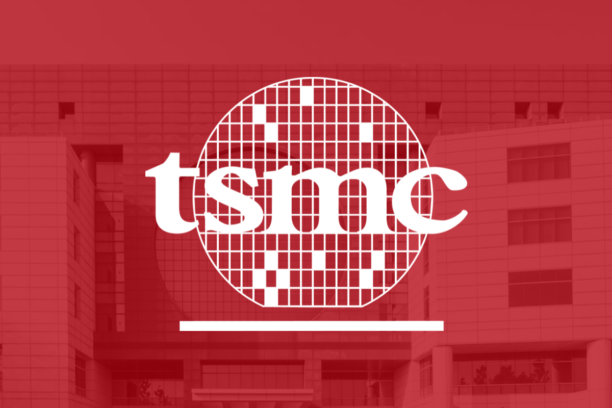 The Taiwan Semiconductor logo on a red backdrop.