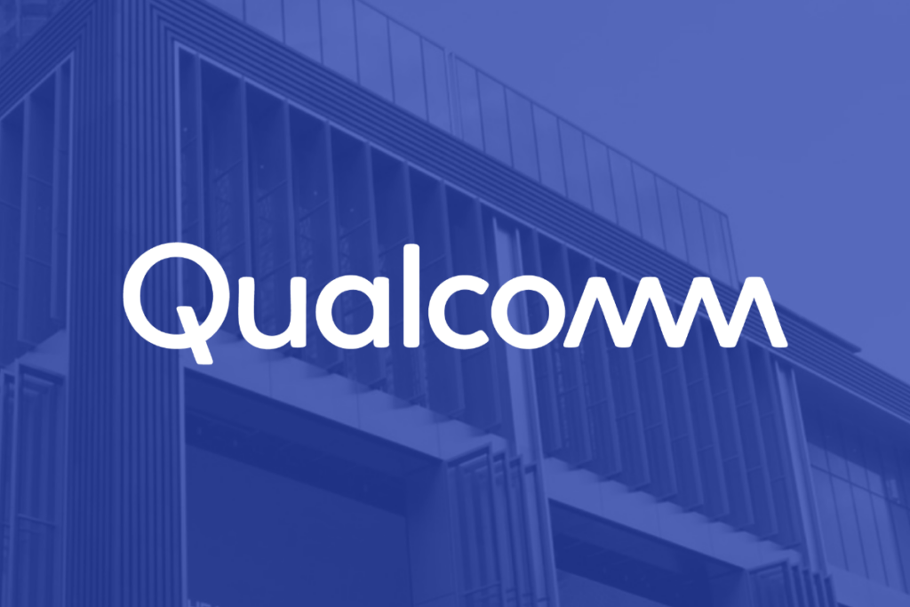 Qualcomm company logo in white on a purple background.