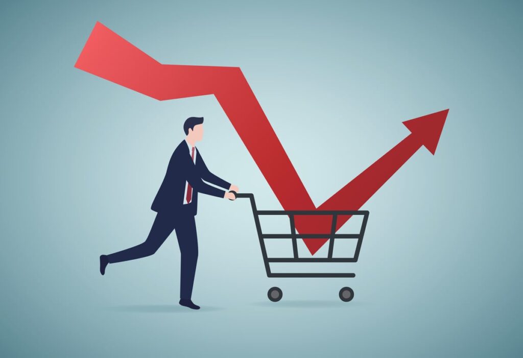 A drawing of someone catching a falling stock price in a basket.