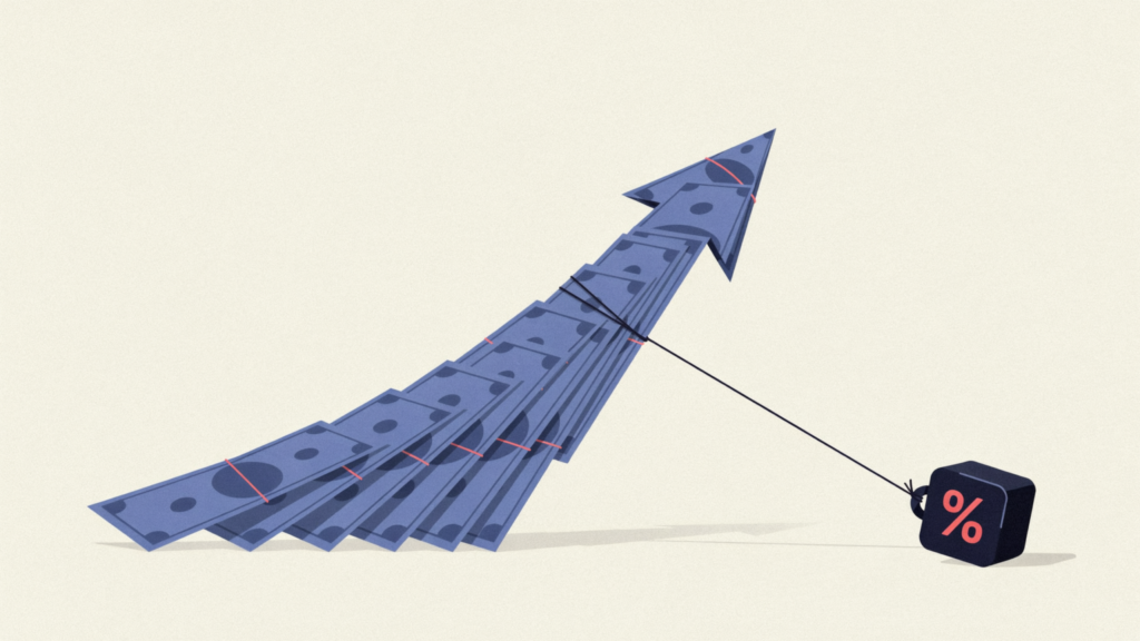 Illustration of an upward arrow made of banknotes tethered to a heavy weight stamped with a percent symbol, showing how a fund's expense ratio holds back your investment growth.