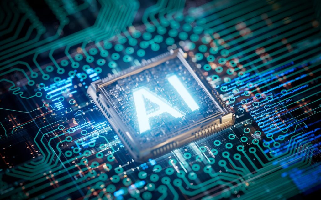 A chip on a circuitry board that says AI.
