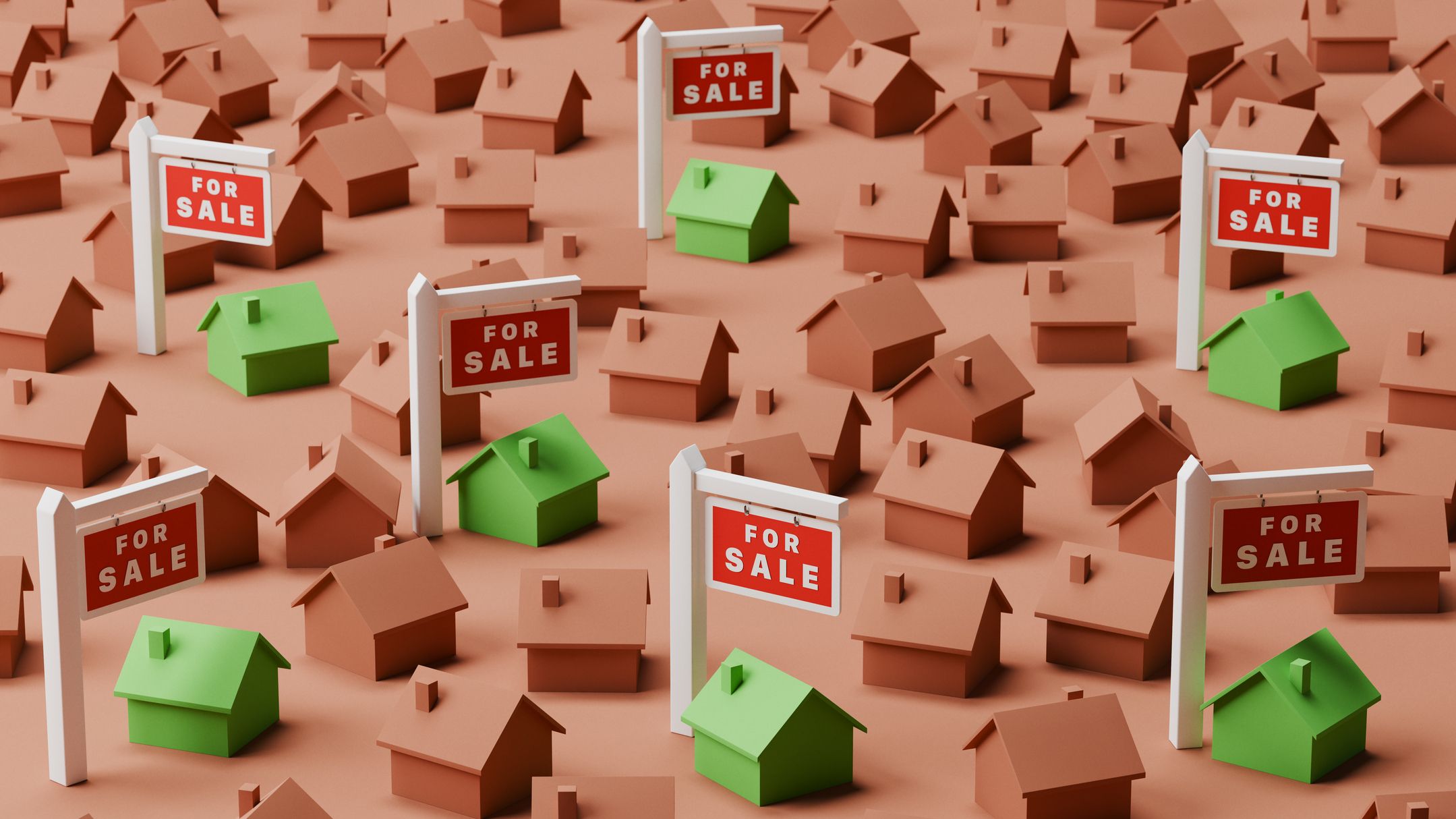 Conceptual image of the entire frame filled with brown Monopoly houses with seven green ones standing out with a for sale sign.