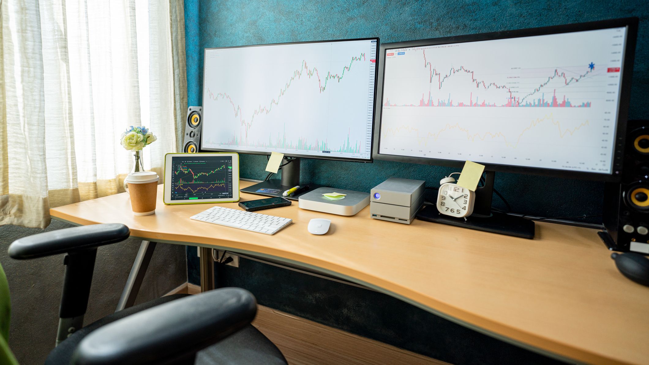 A home office with dual monitors