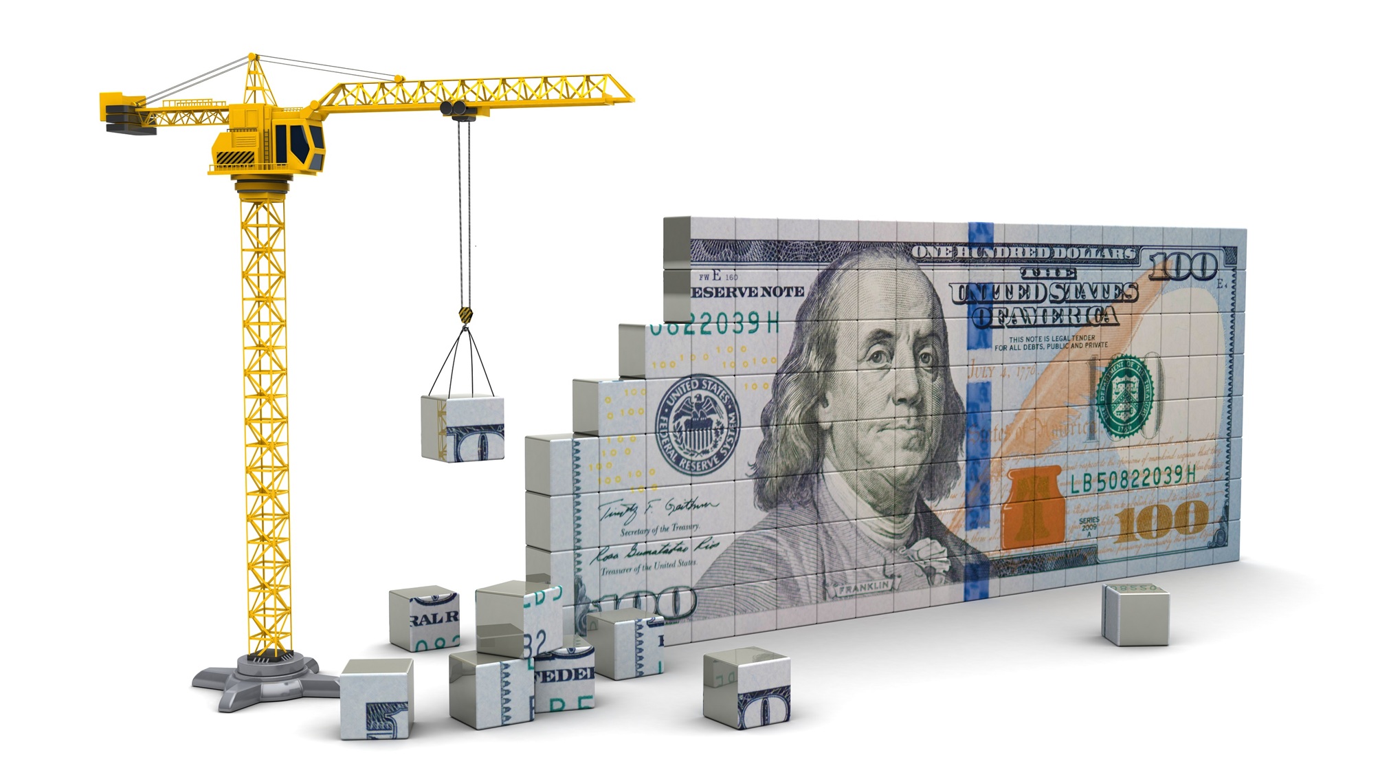 A crane building a hundred-dollar bill.