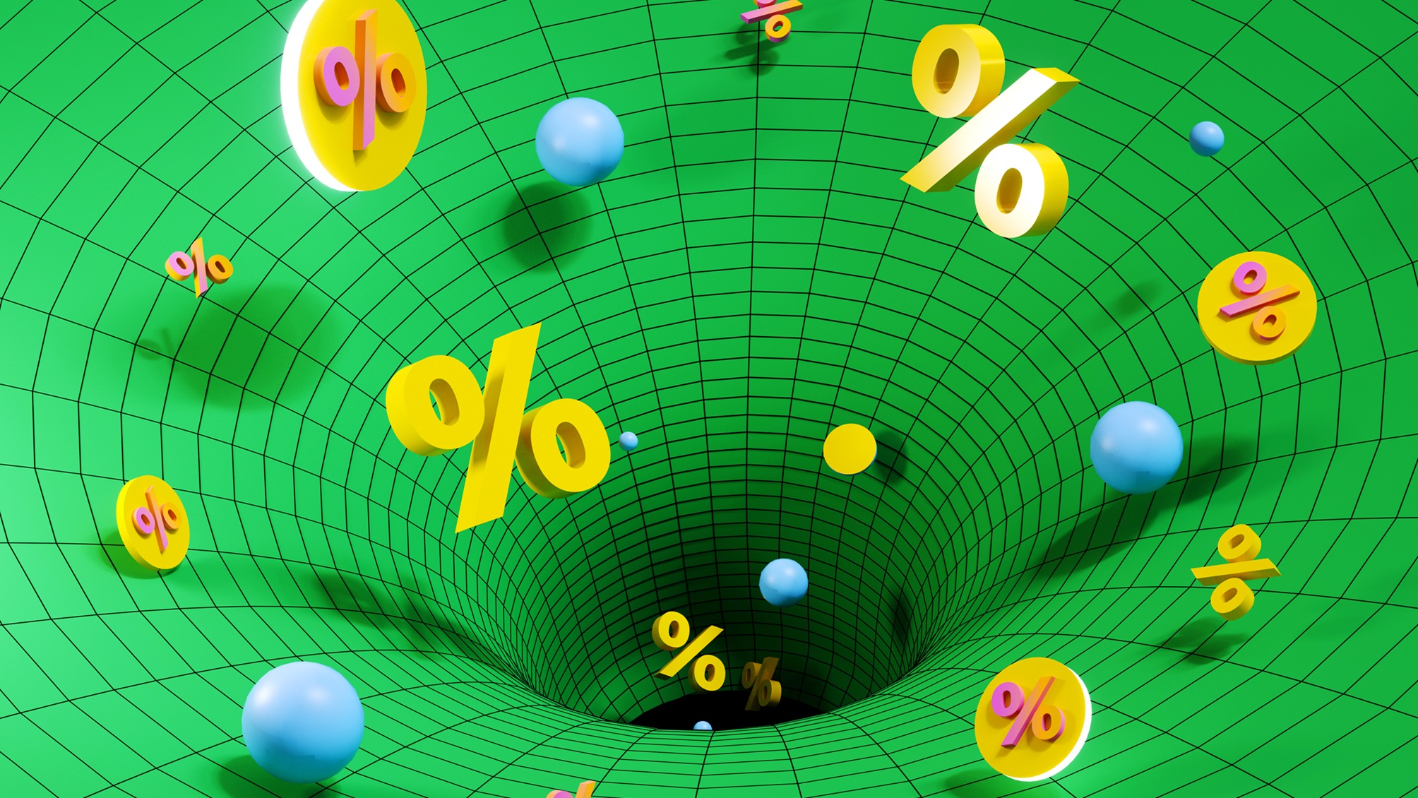 Digital image of a green hole sucking percentage signs and coins into it.