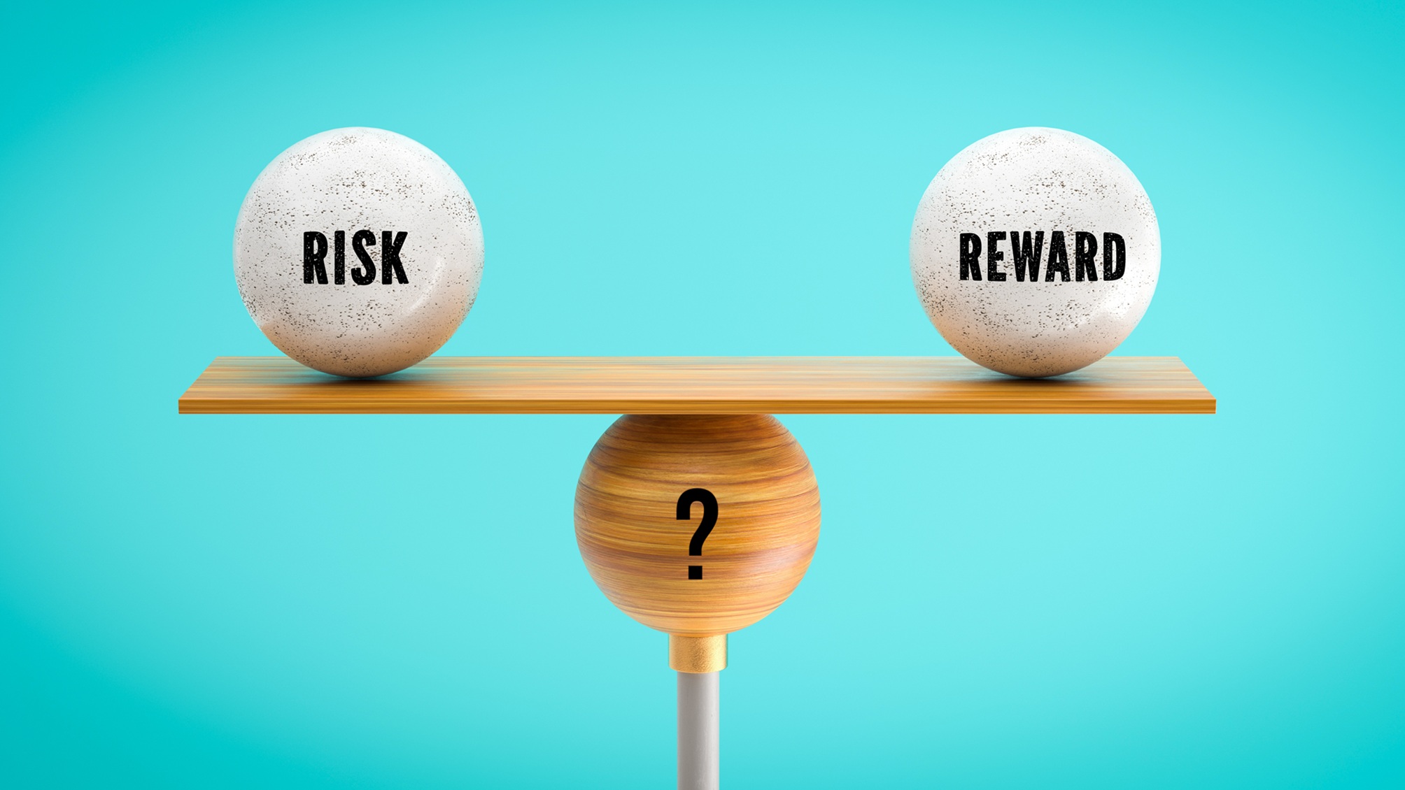 Discs labeled "risk" and "reward" balance on a board.