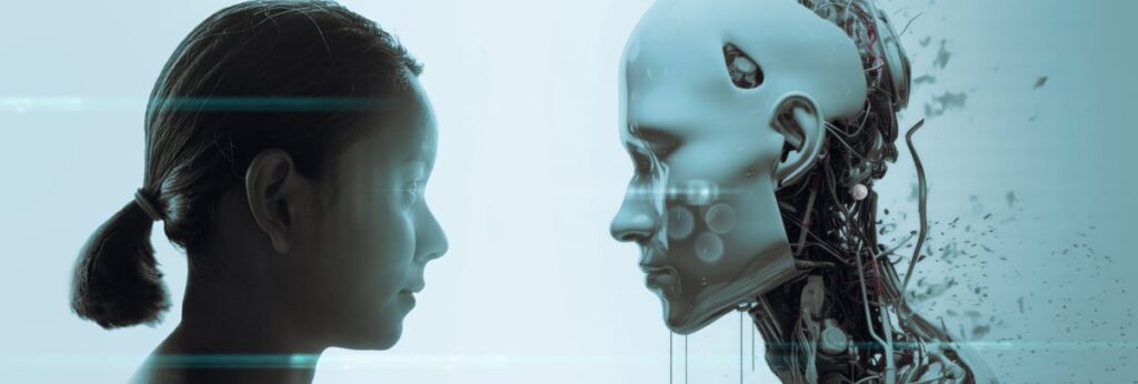 An individual looks face to face at a robot.