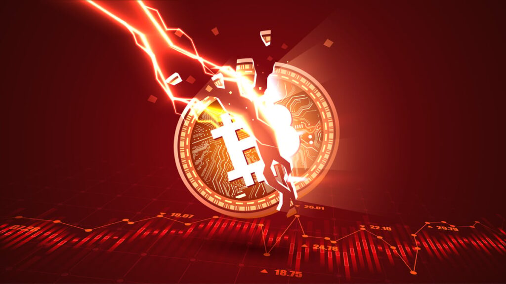A floating Bitcoin symbol is cleaved asunder by a lightning bolt.