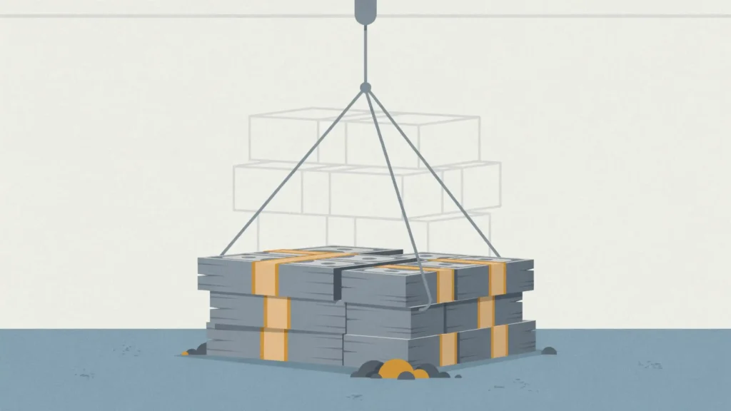 Illustration of a foundation block made of bundled cash being set in place, with three empty outlined blocks waiting to stack on top.