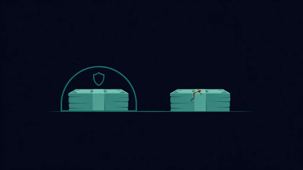 Two near-identical vault doors side by side: the left sealed with a glowing FDIC seal, the right ajar and unstable, illustrating the difference between an FDIC-insured money market account and an uninsured money market fund