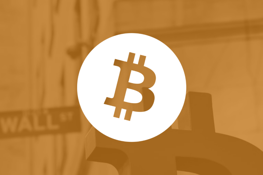 The Bitcoin logo over a shadowy dark-yellow background.