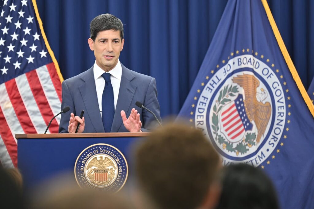 Kevin Warsh speaking with reporters after the Federal Open Market Committee's June 16-17 meeting.