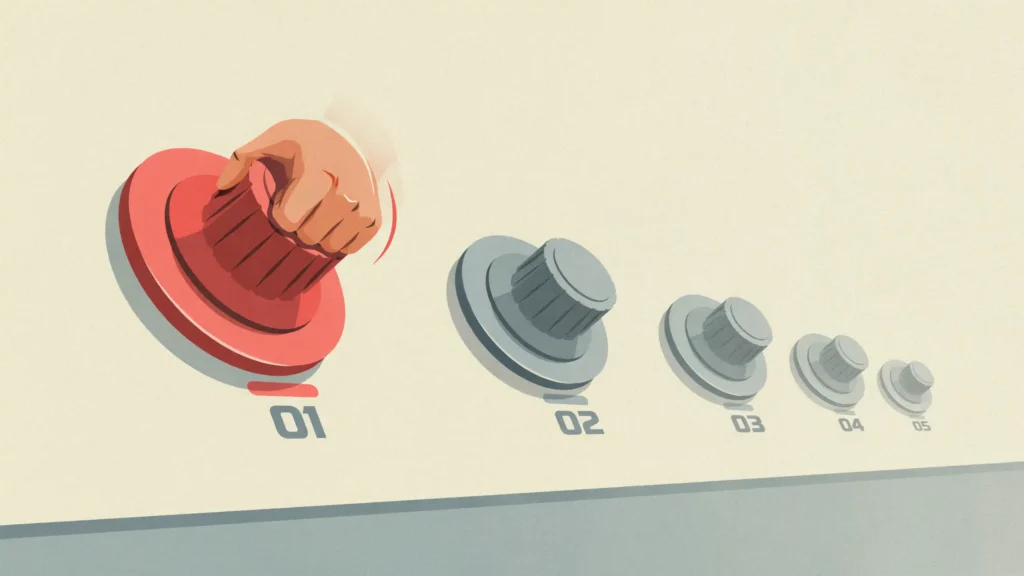 Illustration of five credit score dials on a control panel with a hand turning only the tallest one while four sit ignored