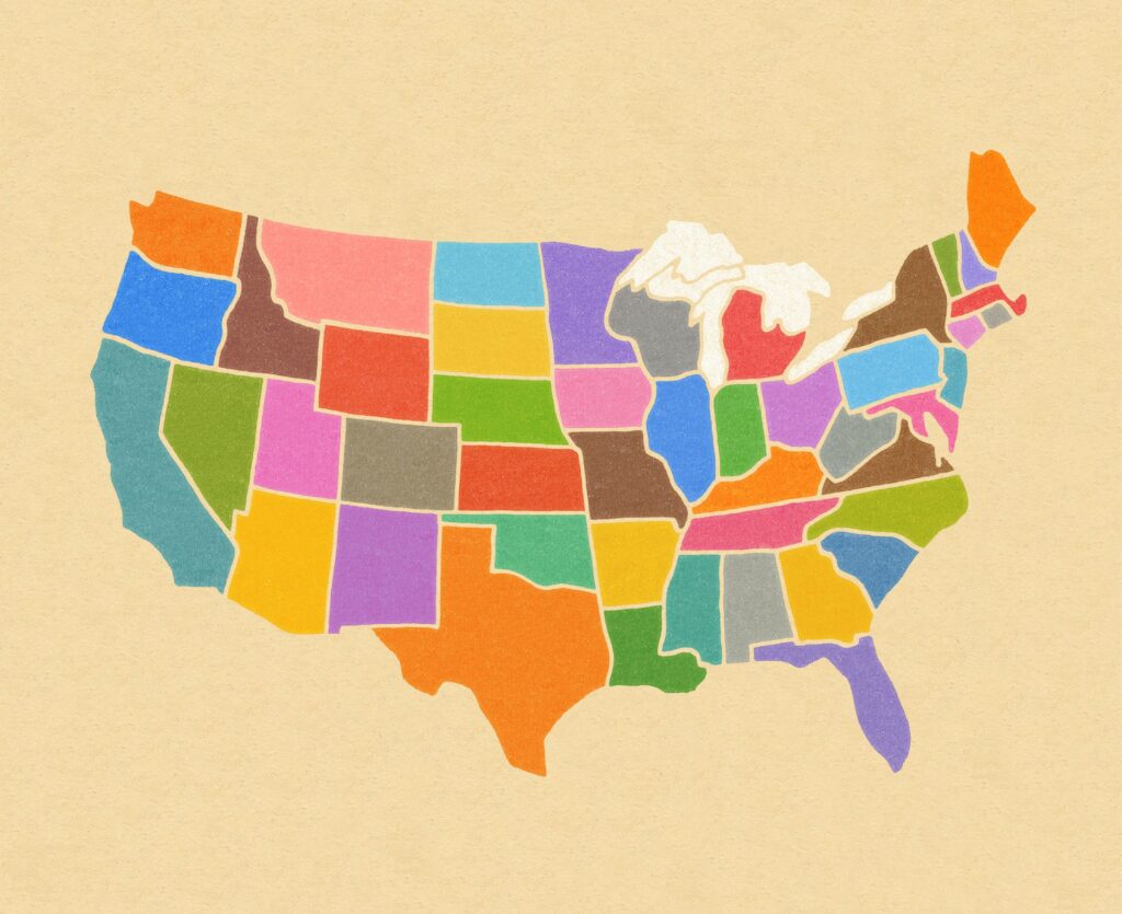 Colorful, illustrated map of mainland United States