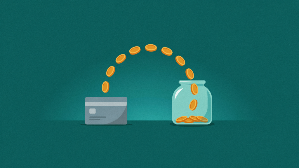 Cash back credit card beside a glass savings jar, with gold coins looping from the card back into the jar.