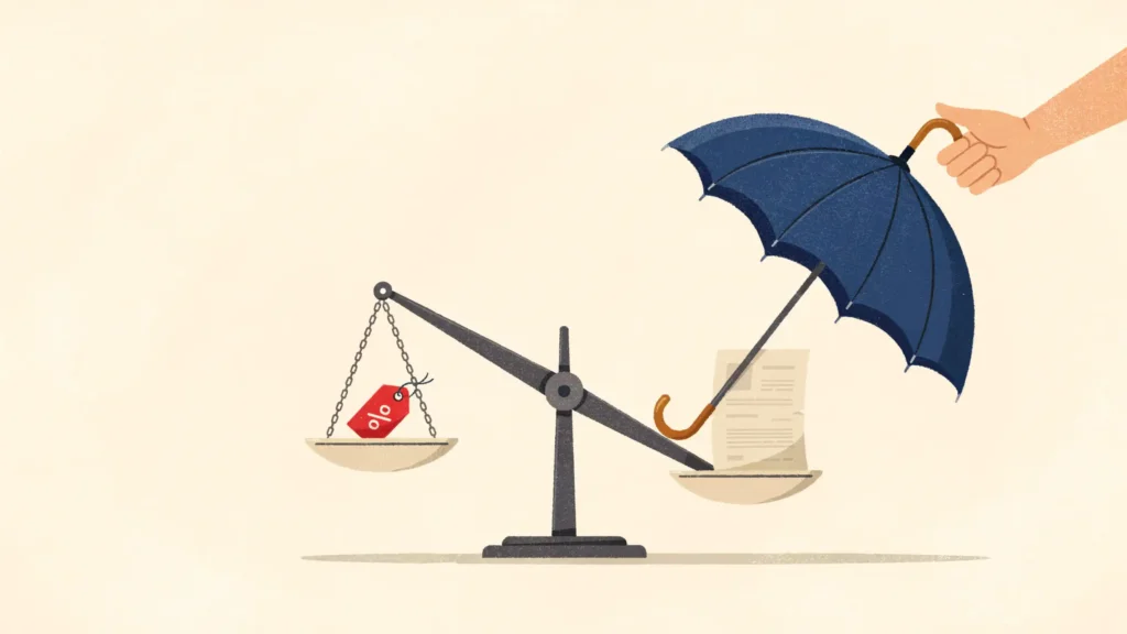 A balance scale weighing a small red percent-off tag against a large blue umbrella sheltering a stack of papers.