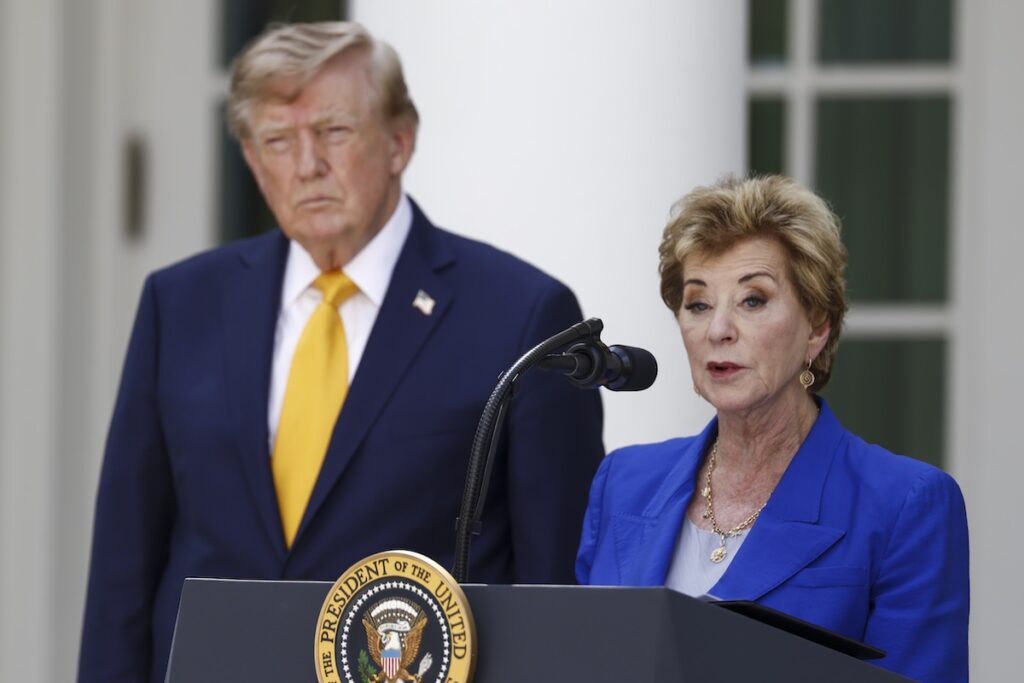 Secretary of Education Linda McMahon, with US President Donald Trump, delivers remarks during an education event in the Rose Garden of the White House in Washington DC, USA, 24 August 2026. President Trump and Secretary McMahon&nbsp;highlighted the administration&rsquo;s school choice program as the new academic year begins.