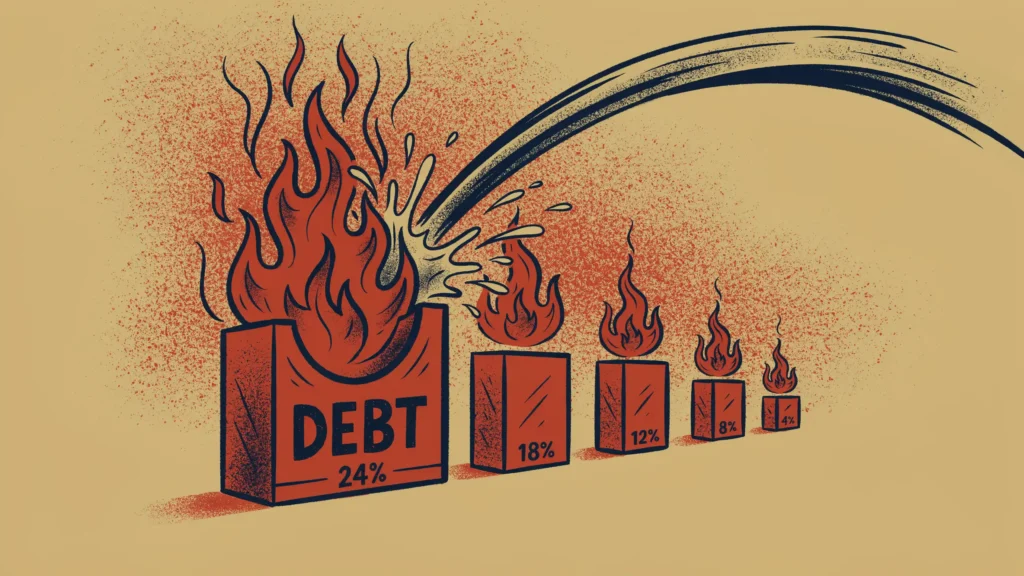 A stream of water douses the largest flame on a row of burning debt blocks, each topped with a differently sized fire.
